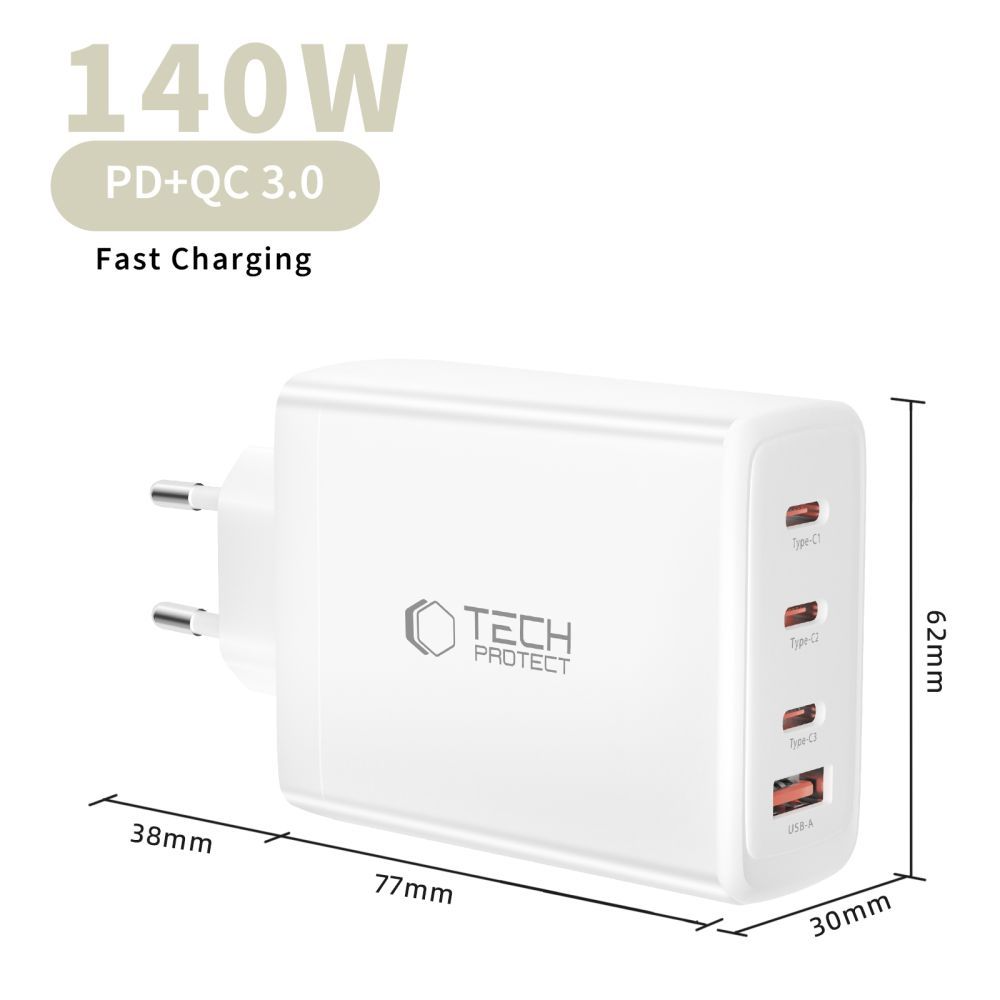 Netzladegerät Tech-Protect NC140W-GAN, 140W, 5A, 1 x USB-A - 3 x USB-C, Weiß