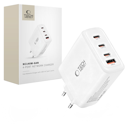 Netzladegerät Tech-Protect NC140W-GAN, 140W, 5A, 1 x USB-A - 3 x USB-C, Weiß