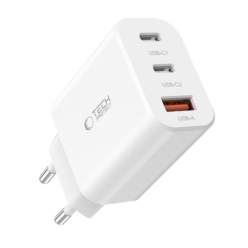 Tech-Protect NC30W Network Charger, 30W, 3A, 1 x USB-A - 2 x USB-C, White