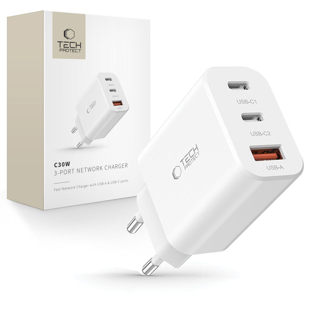 Tech-Protect NC30W Network Charger, 30W, 3A, 1 x USB-A - 2 x USB-C, White