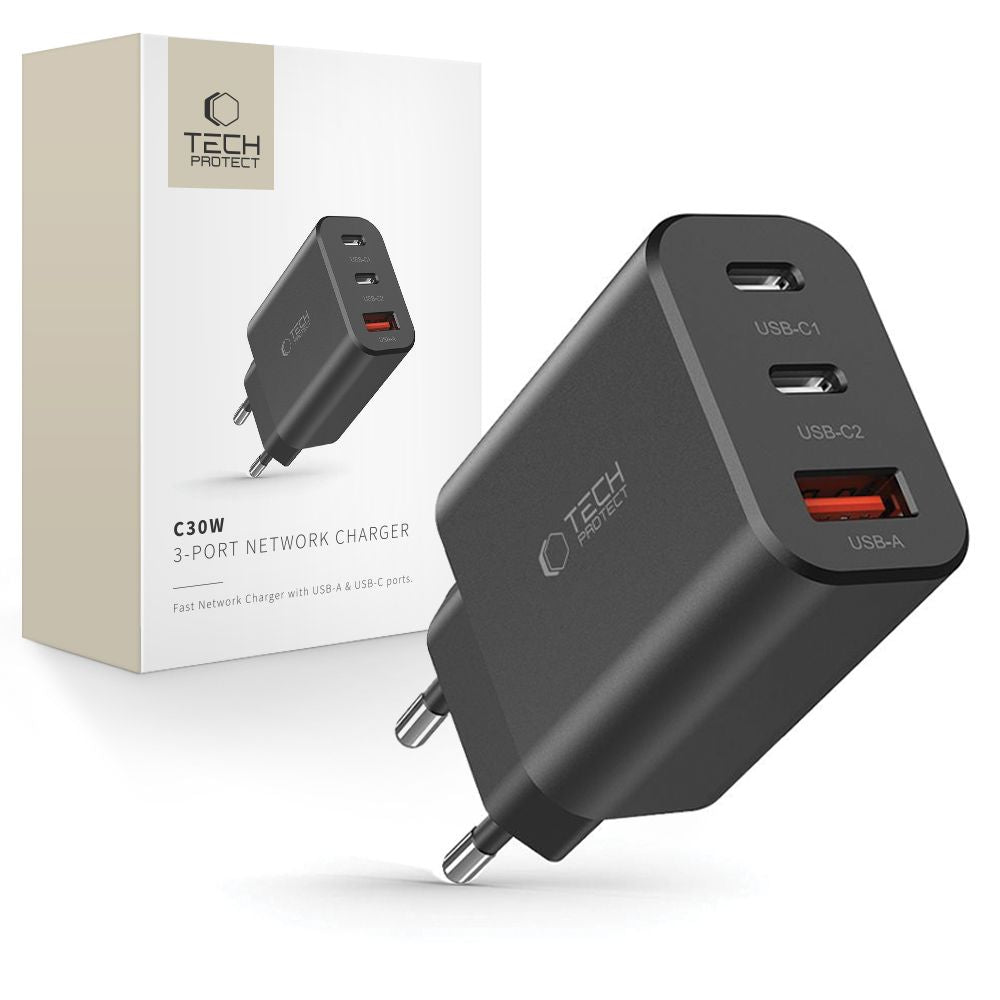 Netzwerkladegerät Tech-Protect NC30W, 30 W, 3 A, 1 x USB-A - 2 x USB-C, Schwarz