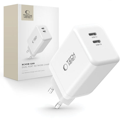 Netzwerkladegerät Tech-Protect NC45W, 45 W, 3 A, 2 x USB-C, Weiß