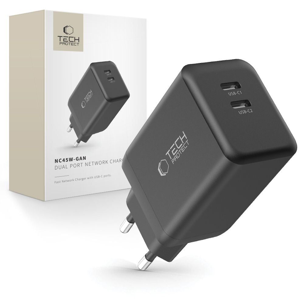 Netzwerkladegerät Tech-Protect NC45W, 45 W, 3 A, 2 x USB-C, Schwarz