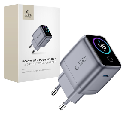 Tech-Protect NC45W Display Wall Charger, 45W, 3A, 1 x USB-C, Gray