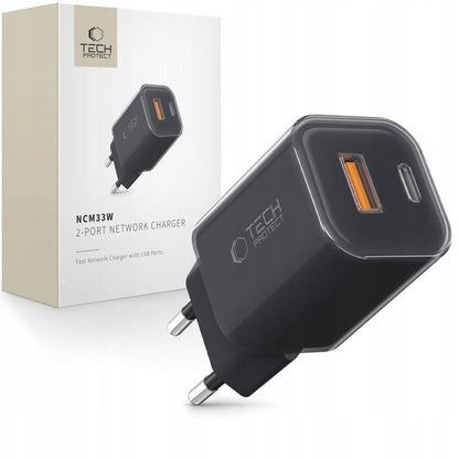 Tech-Protect NCM33W Network Charger, 33W, 3A, 1 x USB-A - 1 x USB-C, Black