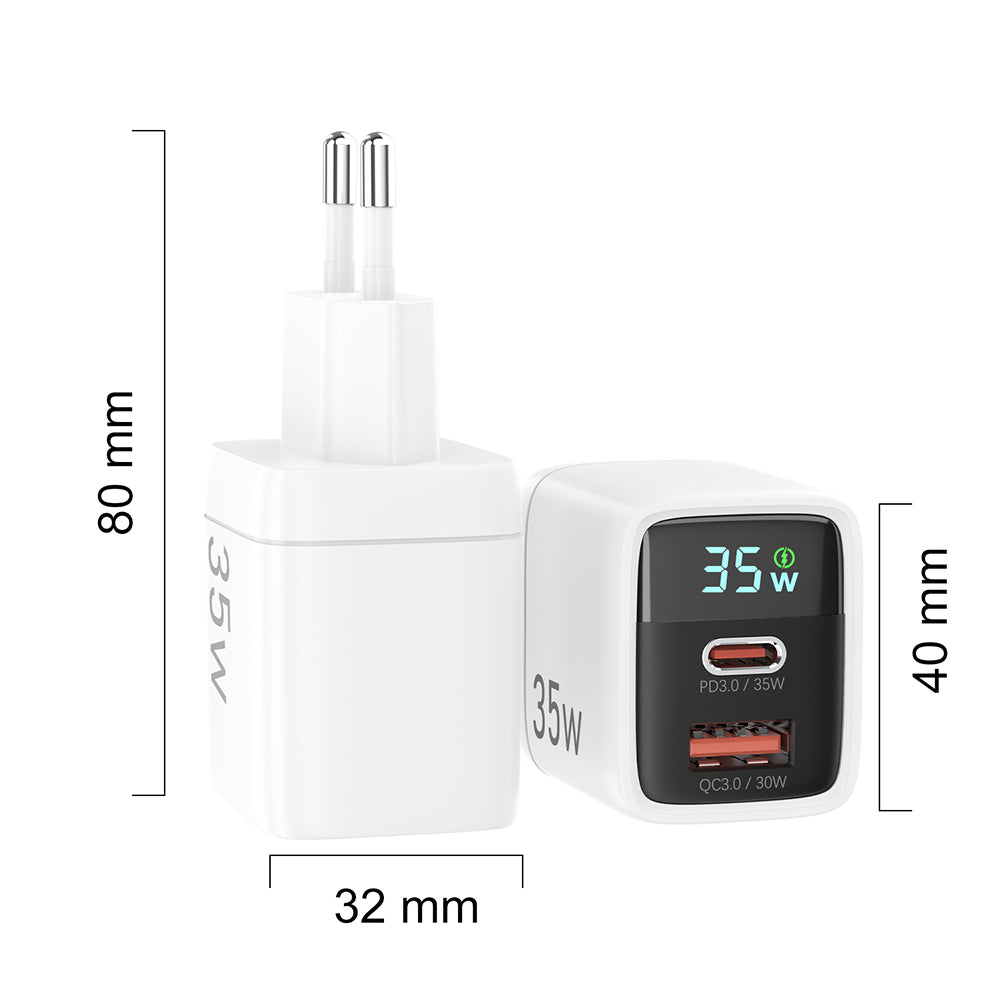 Netzladegerät Techsuit CH3 LEDChargX Display, 35W, 3A, 1 x USB-A - 1 x USB-C, Weiß