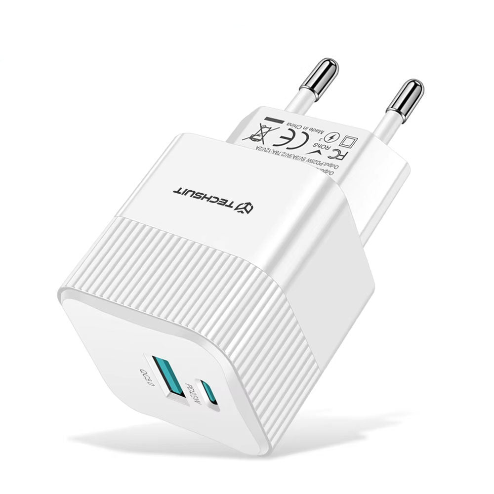 Netzladegerät Techsuit CHPD216 Tiny, 25W, 3A, 1 x USB-A - 1 x USB-C, Weiß