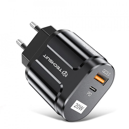 Techsuit Premium Netzladegerät, 20W, 3A, 1 x USB-A - 1 x USB-C, Schwarz CHPD038