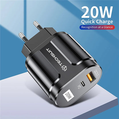 Techsuit Premium Network Charger, 20W, 3A, 1 x USB-A - 1 x USB-C, Black CHPD038