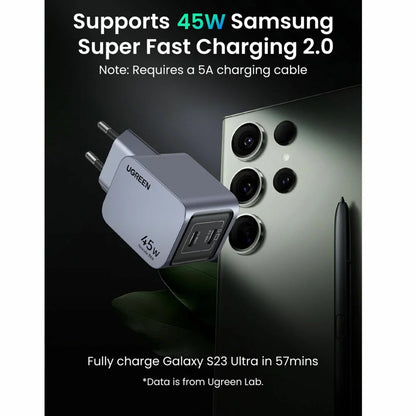 Netzwerk-Ladegerät UGREEN X707 Nexode Pro, 45W, 3A, 2 x USB-C, Grau 