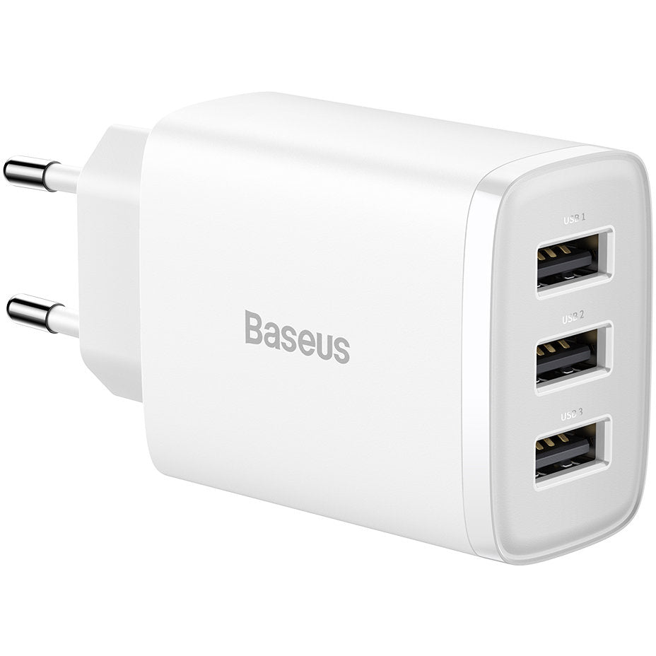 Baseus Compact 3U Network Charger, 17W, 2.1A, 3 x USB-A, White CCXJ020102