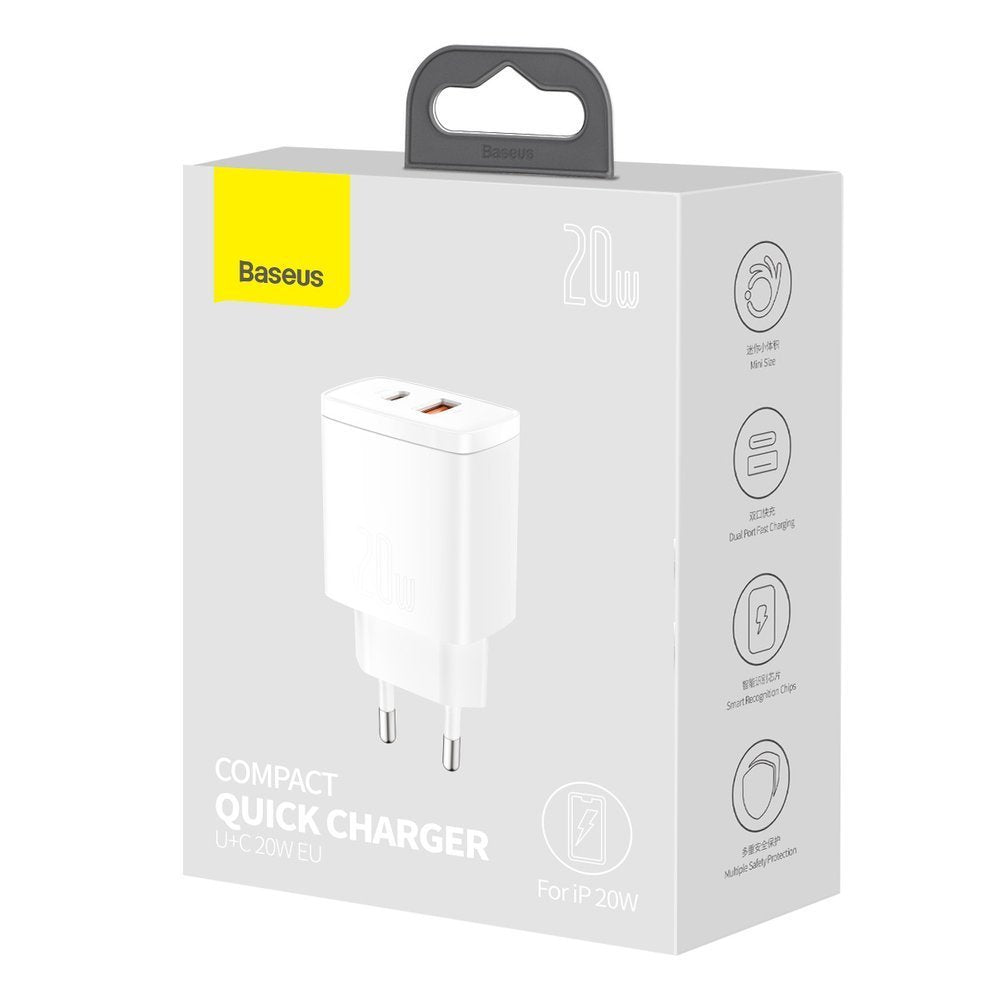 Baseus Compact Network Charger, 20W, 3A, 1 x USB-A - 1 x USB-C, White CCXJ-B02