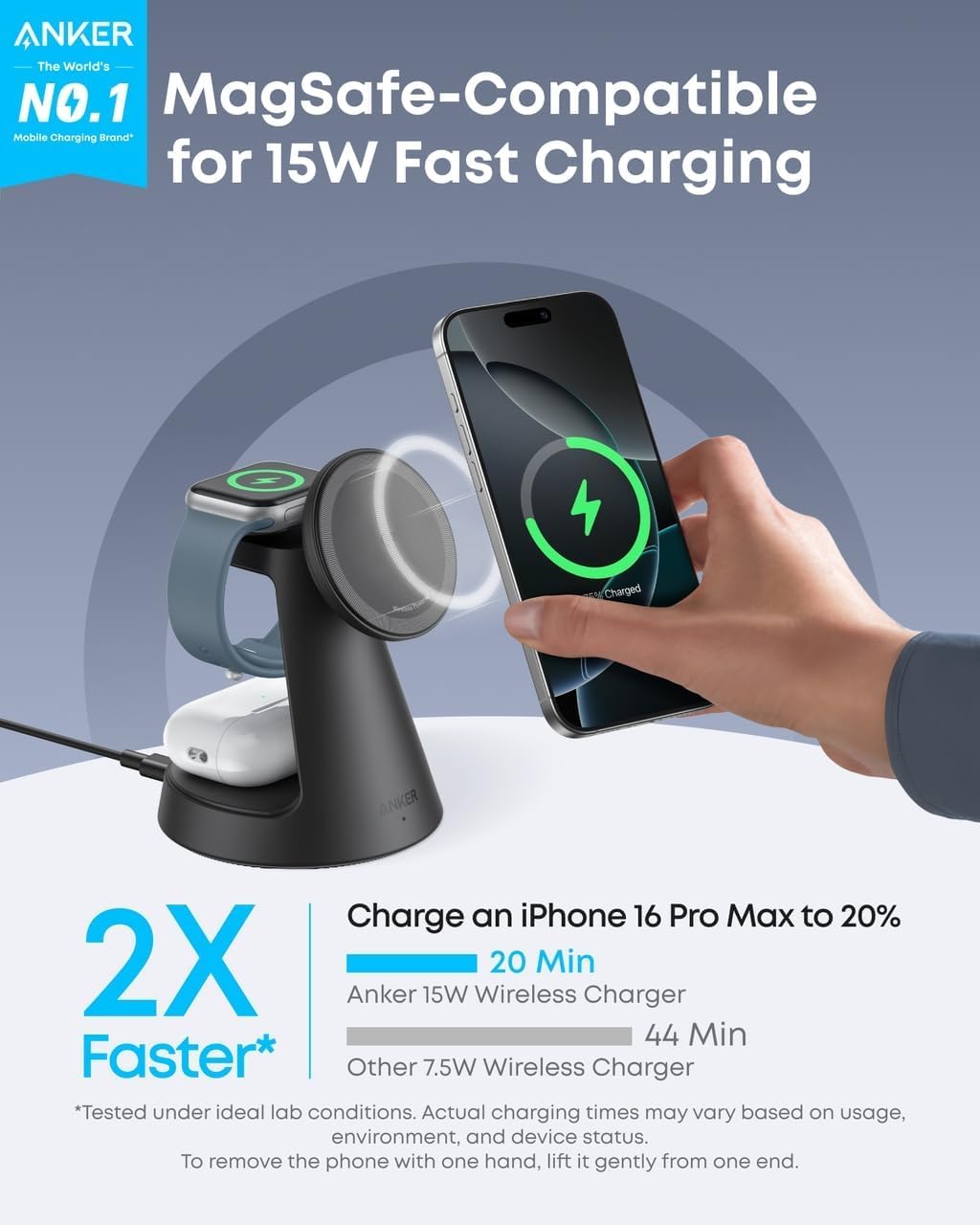 Anker MagGo 3in1 Wireless Netzladegerät, 15W, 1.67A, Schwarz B25M4G11