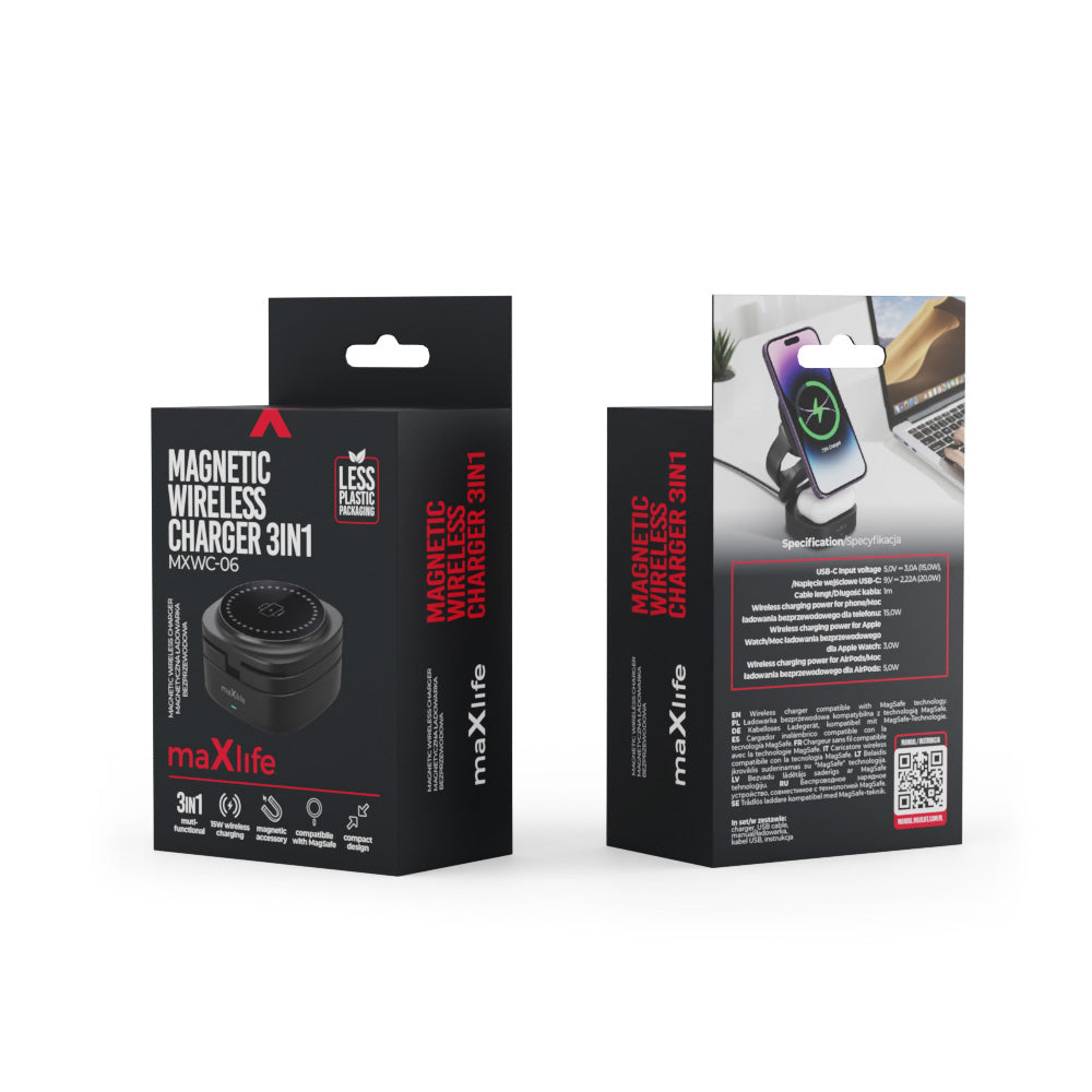 Drahtloses Netzladegerät MaXlife MXWC-06 3in1, 15W, 1.67A, Schwarz