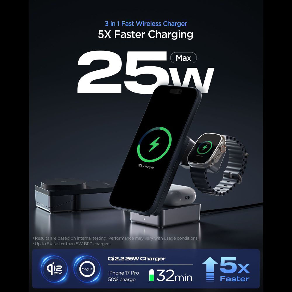 Drahtloses Netzladegerät Spigen EF323MQ Essential 3in1, 25W, Schwarz ACH10398