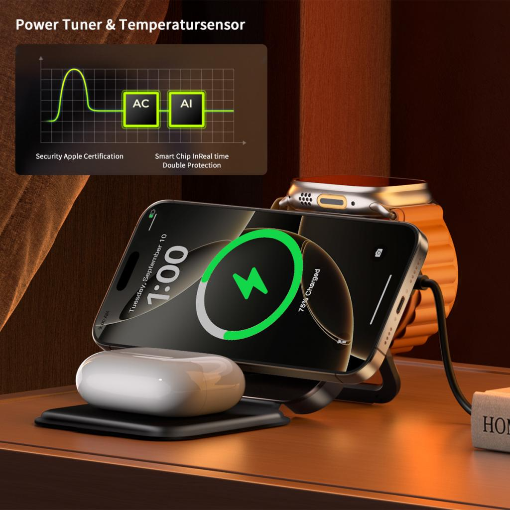 Drahtloses Netzladegerät XO Design CX035 3in1, 15W, 1.67A, Schwarz