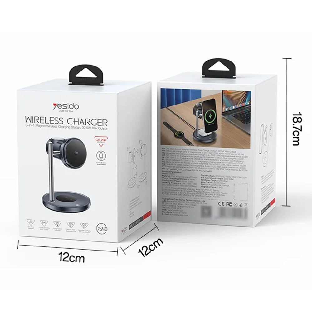Drahtloses Netzladegerät Yesido DS40 3in1, 25W, 1.67A, Schwarz