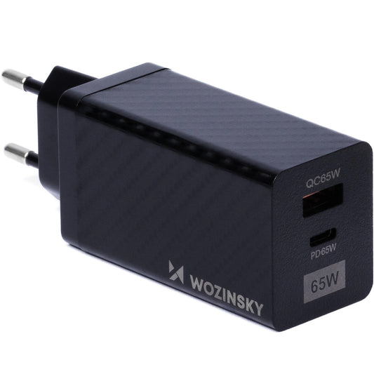 WZK WWCG01 Wall Charger, 65W, 3A, 1 x USB-A - 1 x USB-C, Black