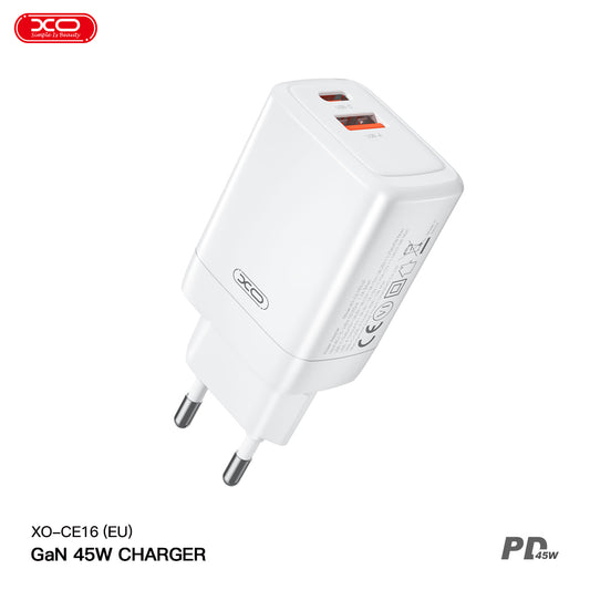 XO Design CE16 Power Adapter, 45W, 3A, 1 x USB-A - 1 x USB-C, White