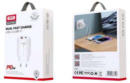 Netzladegerät XO Design L114, 20W, 3A, 1 x USB-A - 1 x USB-C, Weiß