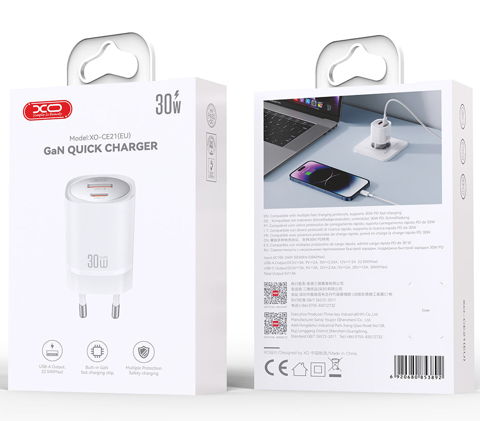 XO Design CE21 Network Charger, 30W, 3A, 1 x USB-A - 1 x USB-C, White