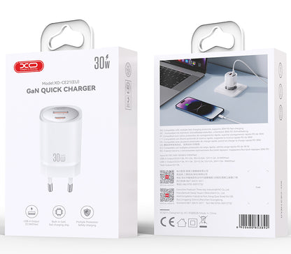 XO Design CE21 Network Charger, 30W, 3A, 1 x USB-A - 1 x USB-C, White
