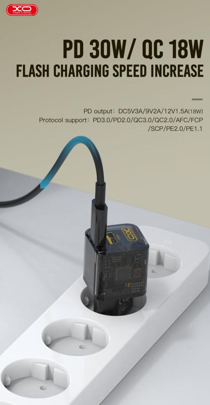 Netzladegerät XO Design CE05, 30W, 3A, 1 x USB-A - 1 x USB-C, Braun