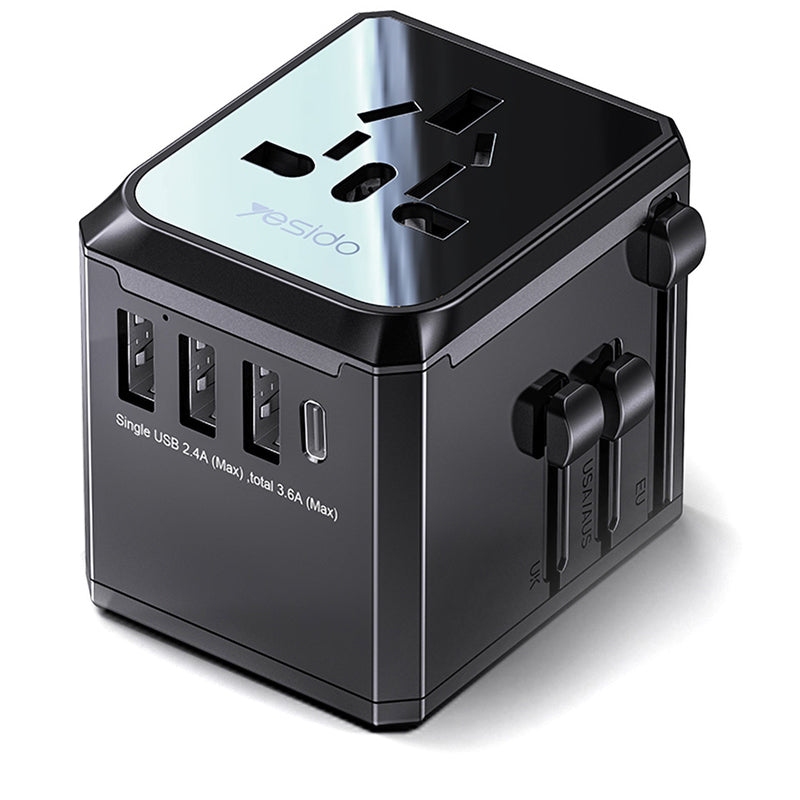 Yesido MC10 Travel Power Adapter, 18W, 3.6A, 1 x USB-C - 3 x USB-A, Black