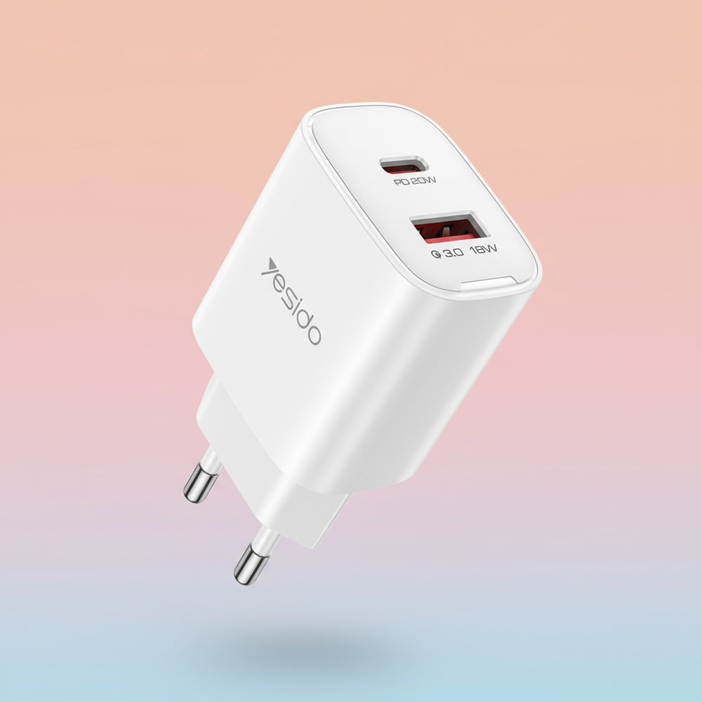 Yesido YC02E Network Charger, 20W, 3A, 1 x USB-A - 1 x USB-C, White