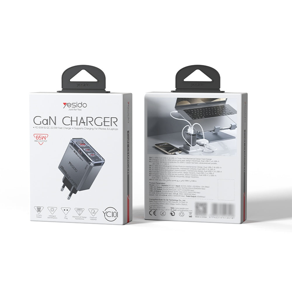 Yesido YC101 Network Charger, 65W, 3.25A, 1 x USB-A - 2 x USB-C, Black