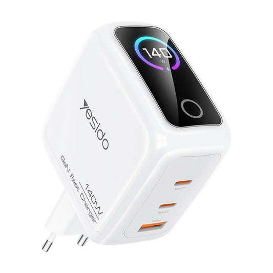Netzladegerät Yesido YC114 Display, 140W, 5A, 1 x USB-A - 2 x USB-C, Weiß