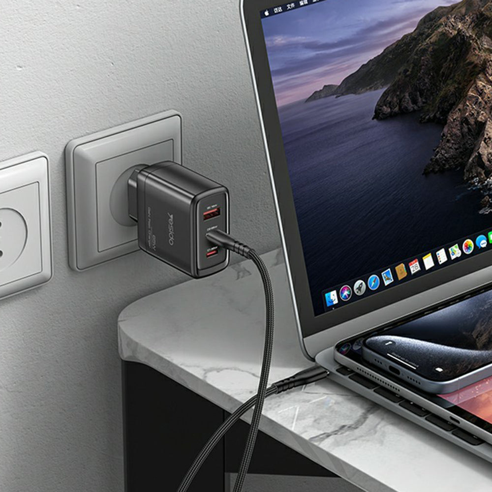 Netzladegerät Yesido YC144, 65W, 3.25A, 1 x USB-A - 2 x USB-C, Schwarz