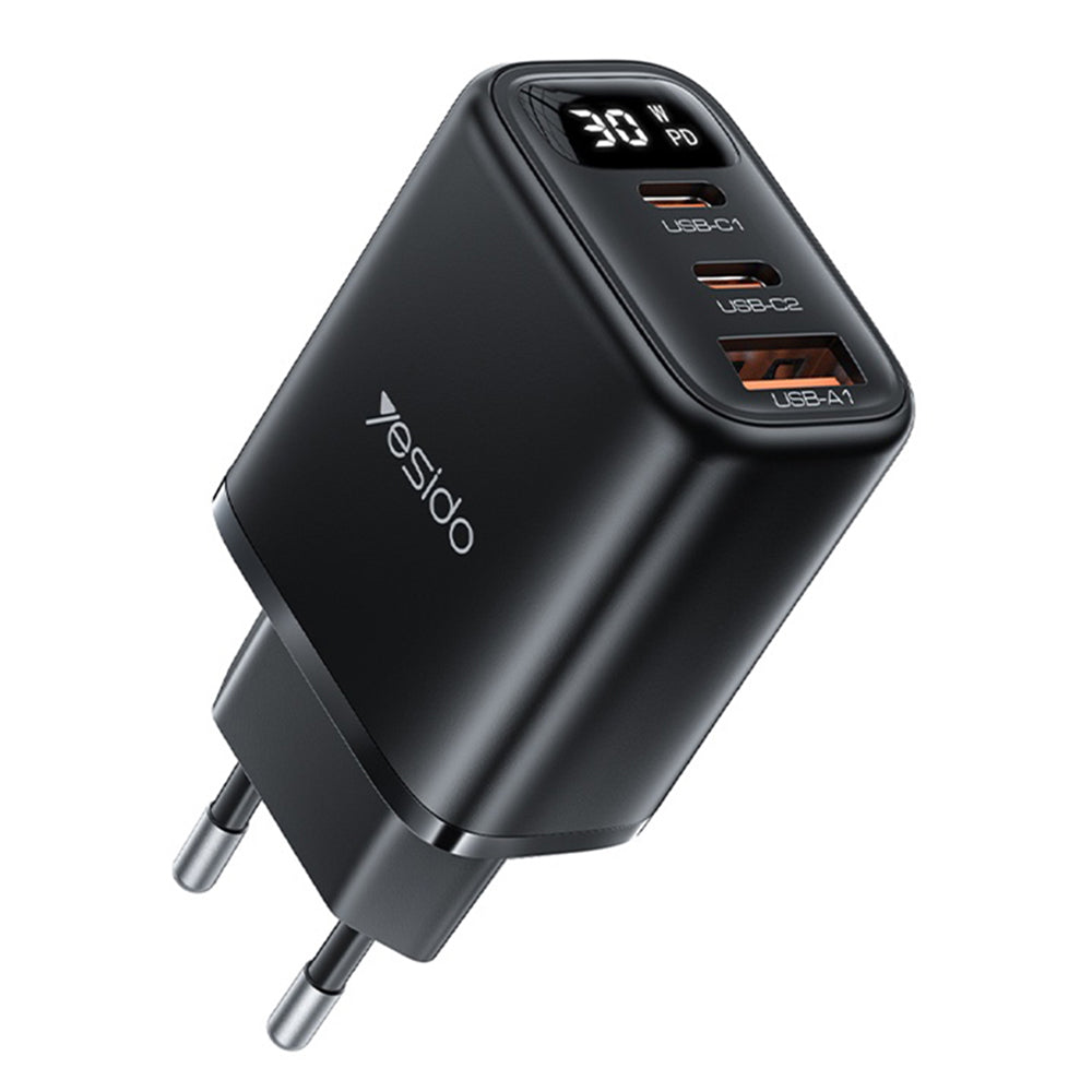 Netzladegerät Yesido YC69 Display, 30W, 3A, 1 x USB-A - 2 x USB-C, Schwarz