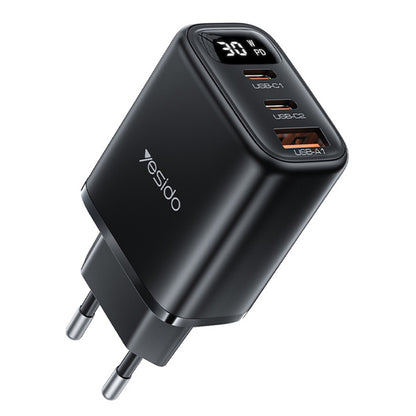 Netzladegerät Yesido YC69 Display, 30W, 3A, 1 x USB-A - 2 x USB-C, Schwarz