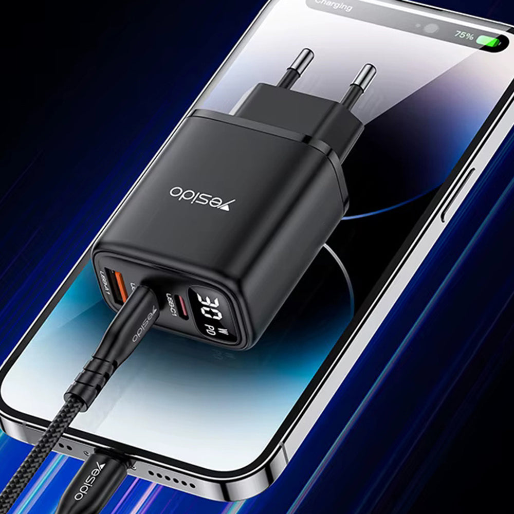 Netzladegerät Yesido YC69 Display, 30W, 3A, 1 x USB-A - 2 x USB-C, Schwarz