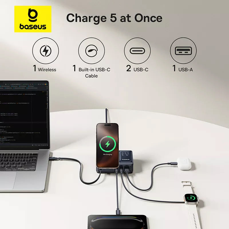 Incarcator Statie Baseus Nomos QI 5in1, 140W, 5A, 1 x USB-A - 2 x USB-C, Negru P10178800123-00