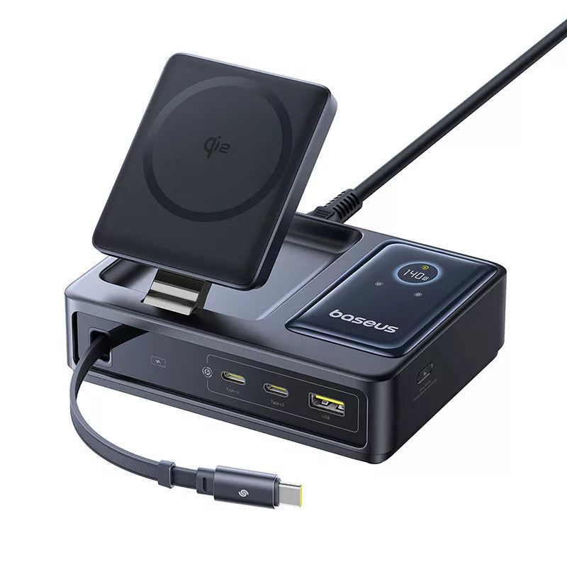 Incarcator Statie Baseus Nomos QI 5in1, 140W, 5A, 1 x USB-A - 2 x USB-C, Negru P10178800123-00