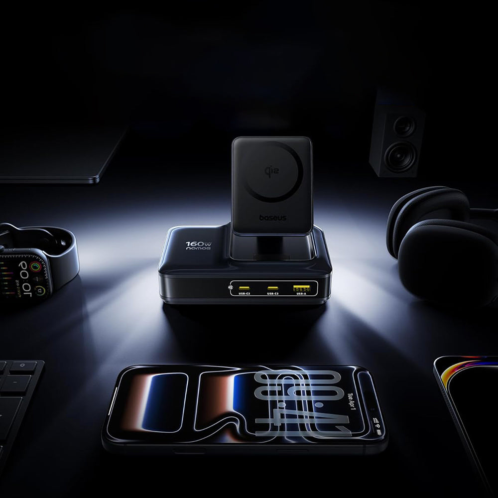 Ladestation Baseus Nomos NH21 QI 5in1, 160W, 5A, 1 x USB-A - 2 x USB-C, Schwarz E0121700