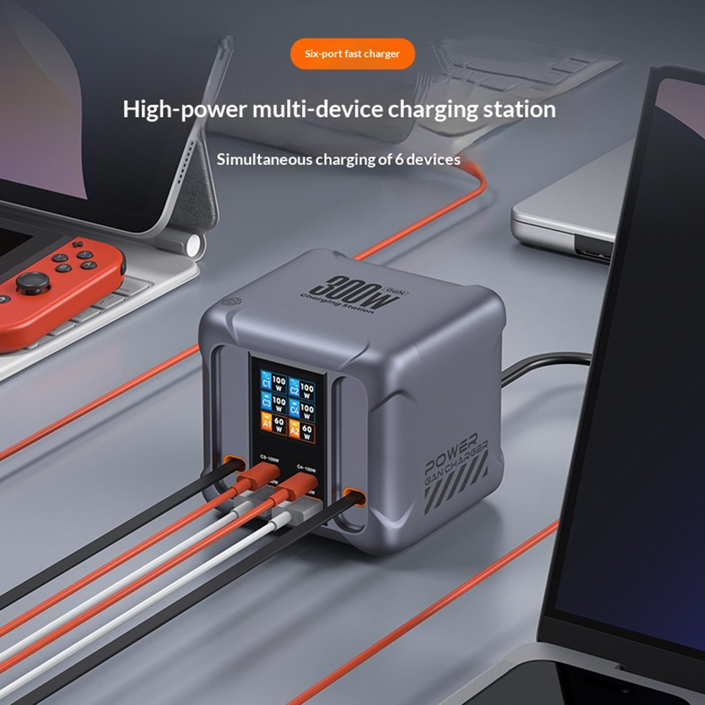 Ladestation mit USB-C-Kabel OEM HW866, 300W, 5A, 2 x USB-A - 2 x USB-C, Grau
