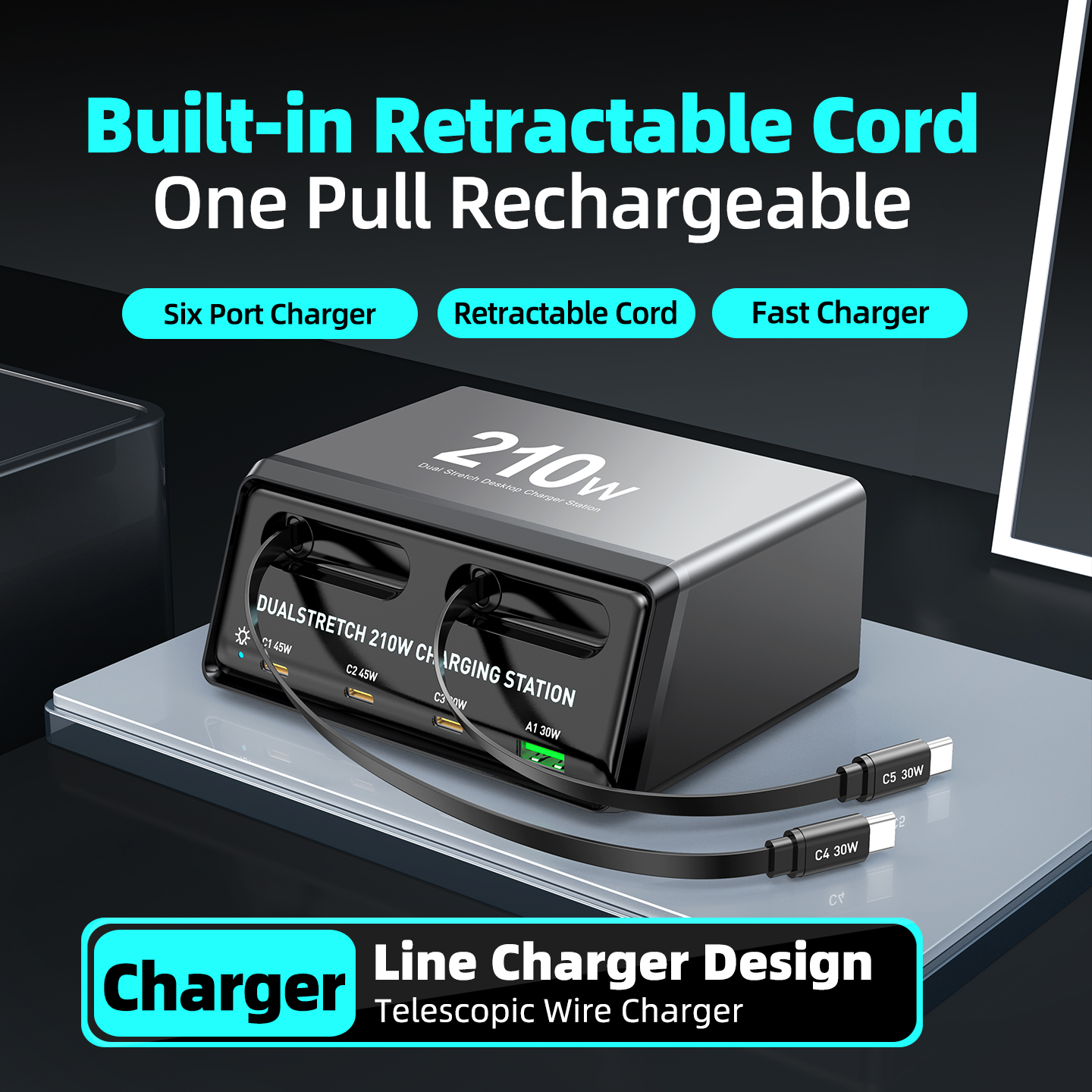 Ladestation mit USB-C-Kabel OEM WLX-60E, 210W, 3A, 1 x USB-A - 3 x USB-C, Grau