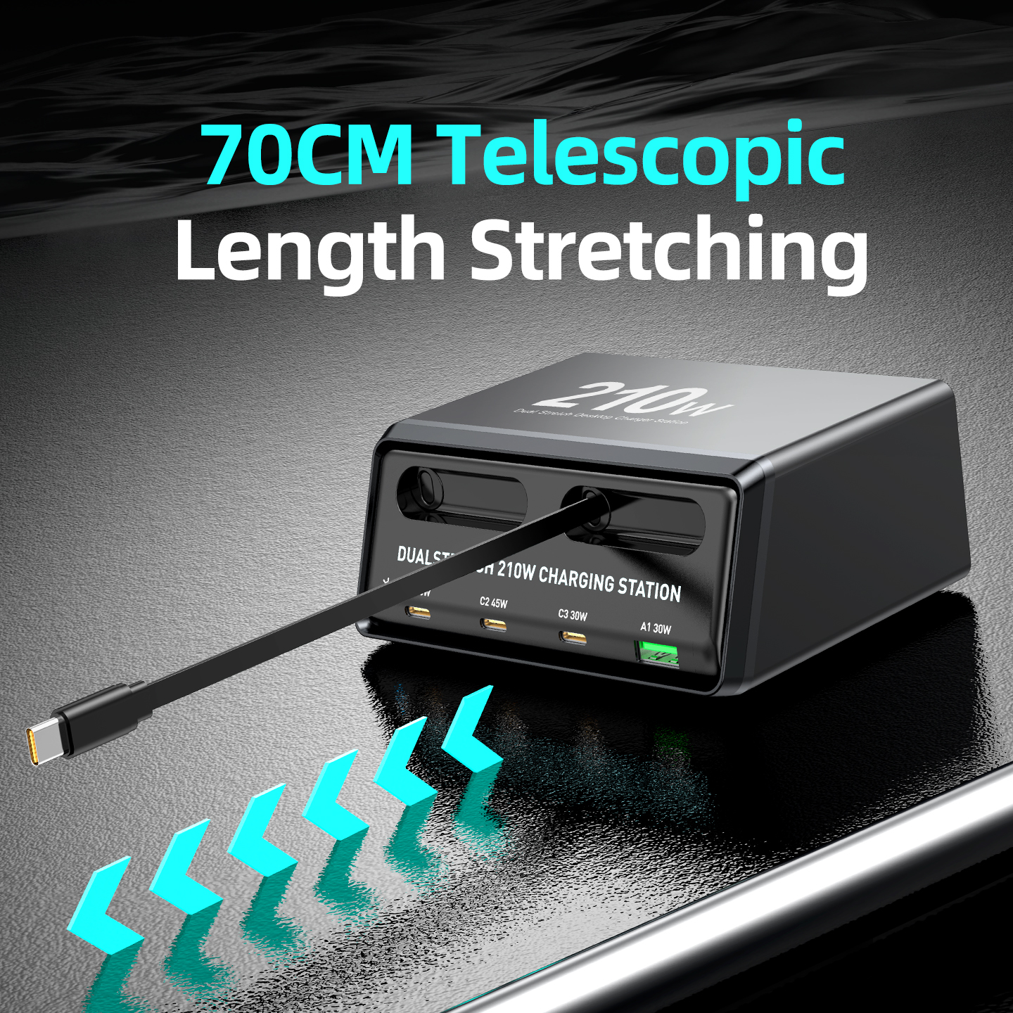Ladestation mit USB-C-Kabel OEM WLX-60E, 210W, 3A, 1 x USB-A - 3 x USB-C, Grau