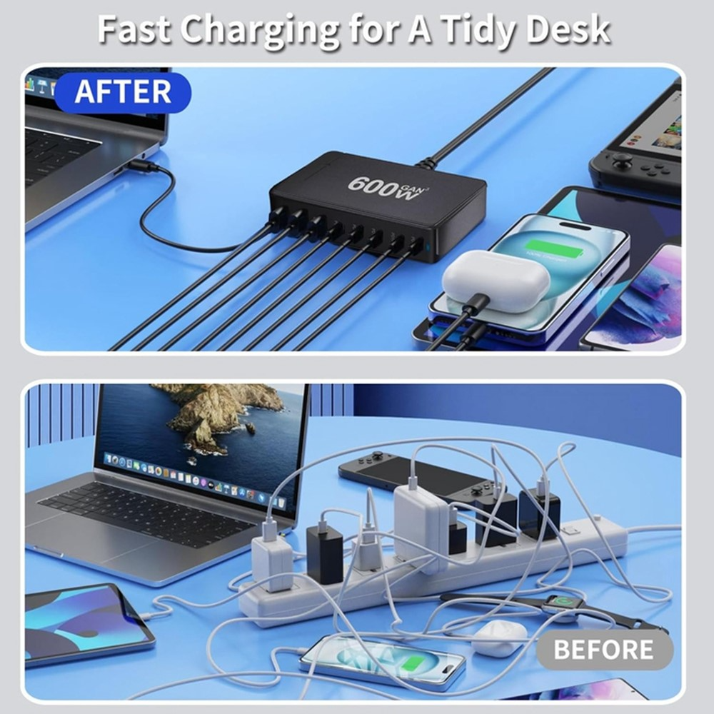 OEM Ladestation Ladegerät, 600W, 4 x USB-A - 4 x USB-C, Weiß