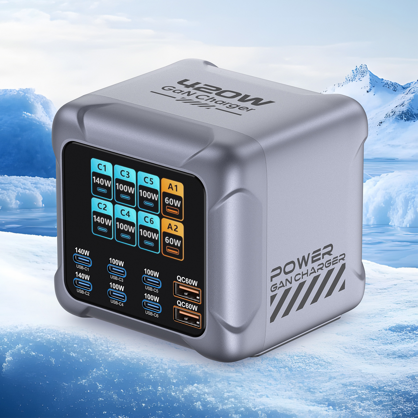 OEM Ladestation Ladegerät BK-126D, 140W, 5A, 2 x USB-A - 6 x USB-C, Grau