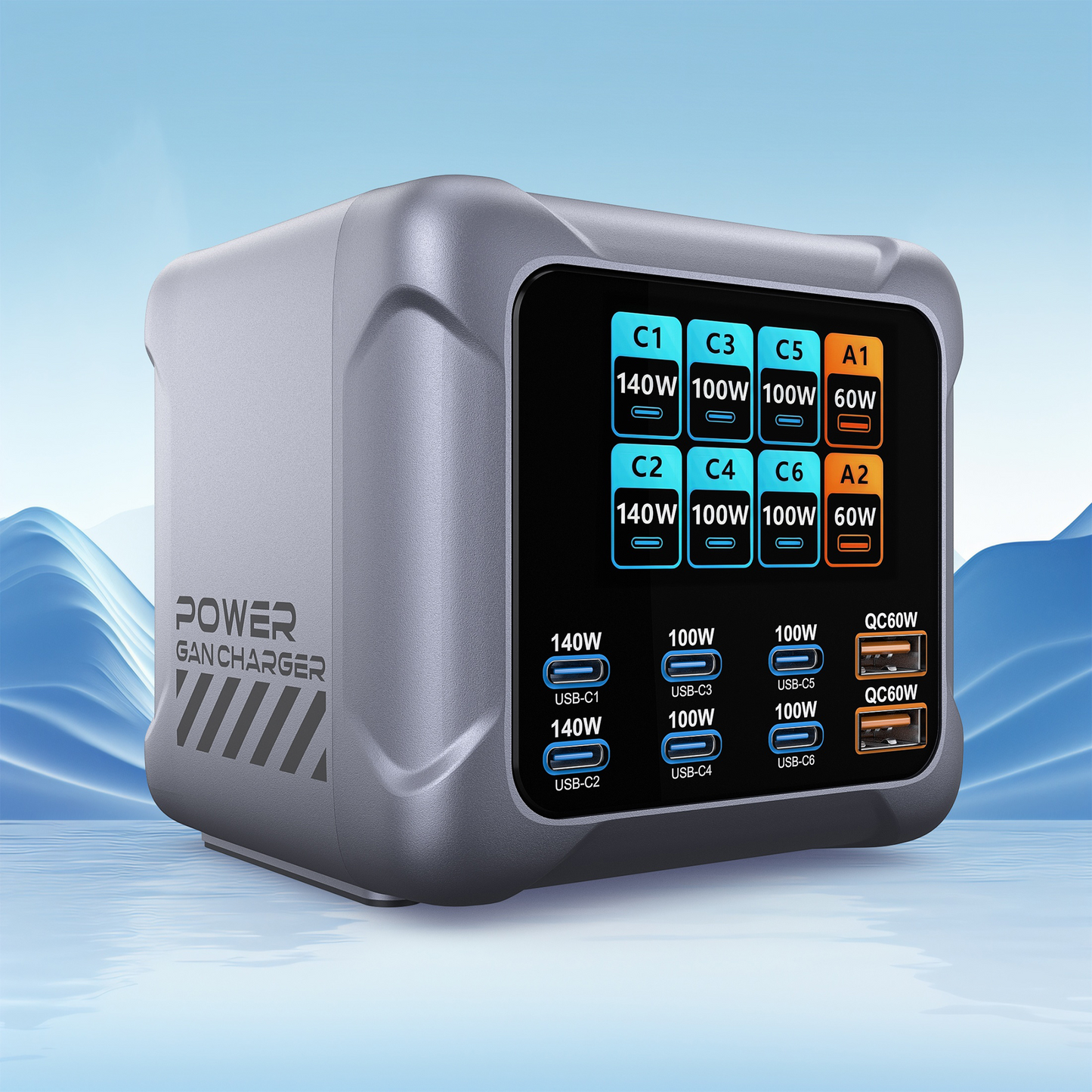 OEM Ladestation Ladegerät BK-126D, 140W, 5A, 2 x USB-A - 6 x USB-C, Grau