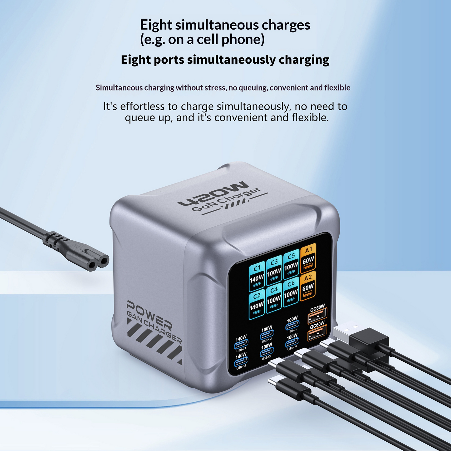 OEM Ladestation Ladegerät BK-126D, 140W, 5A, 2 x USB-A - 6 x USB-C, Grau