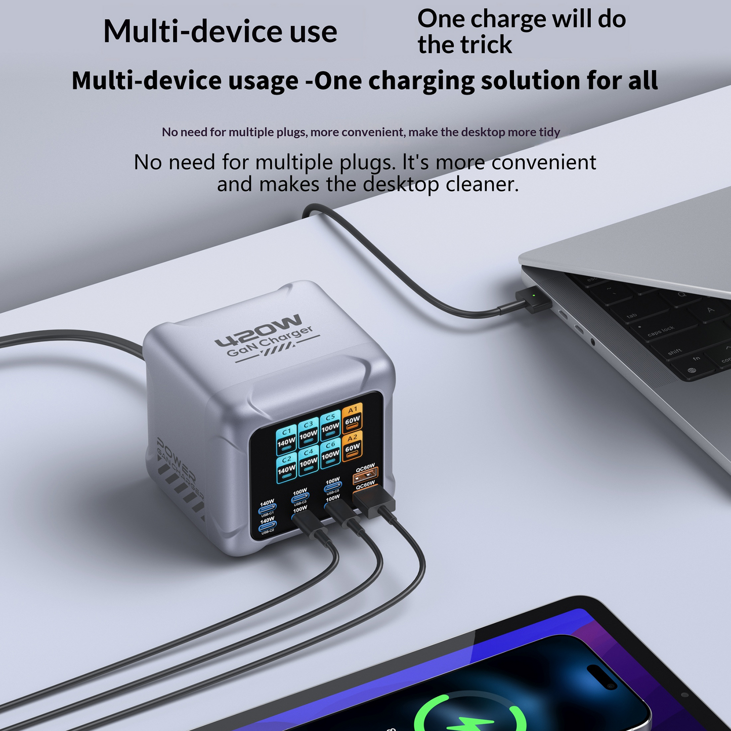 OEM Ladestation Ladegerät BK-126D, 140W, 5A, 2 x USB-A - 6 x USB-C, Grau