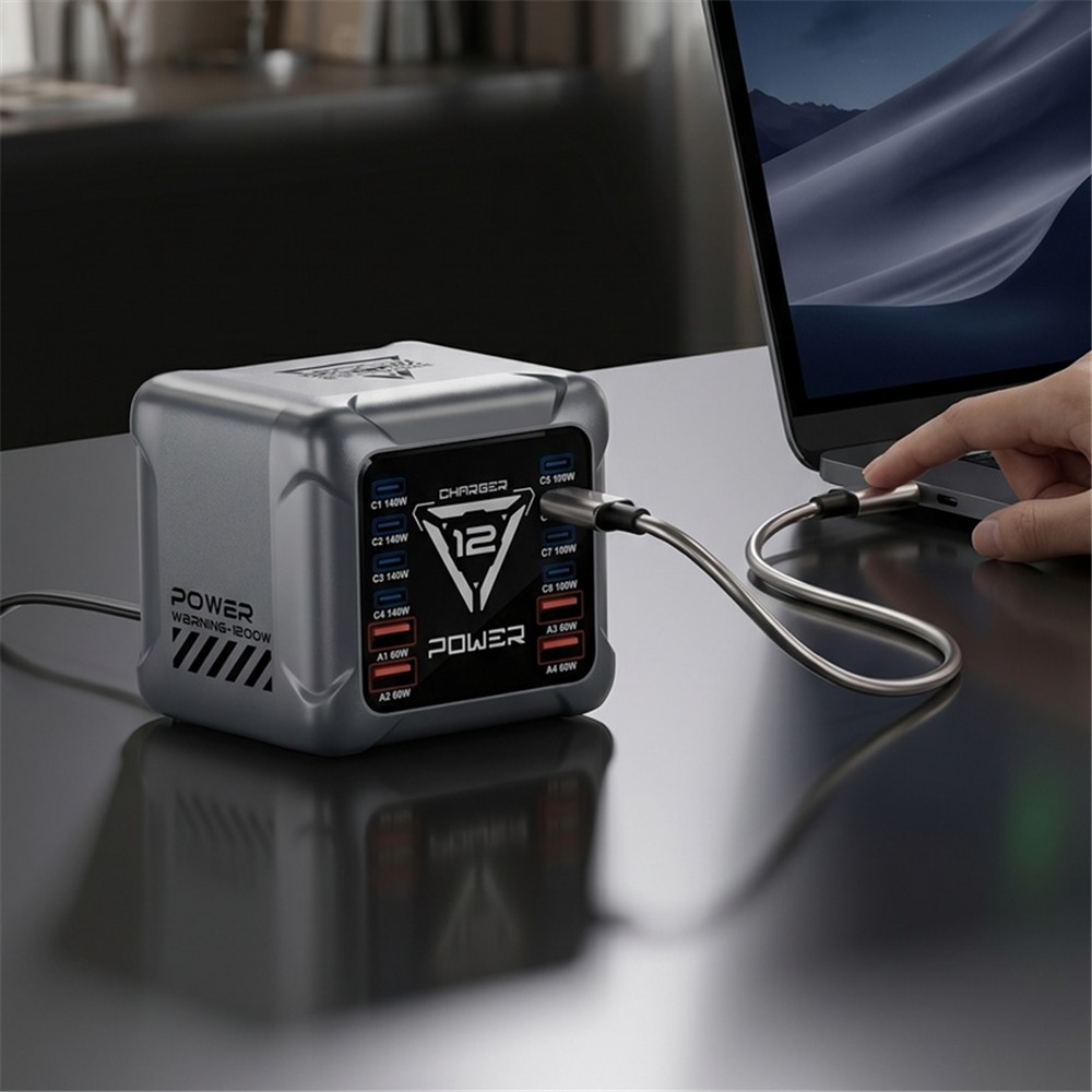 Ladestation OEM BK-127D, 280W, 5A, 4 x USB-A - 8 x USB-C, Grau