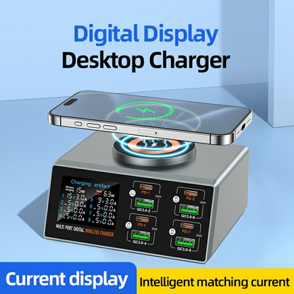 OEM Ladestation WLX-X9S QI, 140W, 3A, 4 x USB-A - 4 x USB-C, Silber