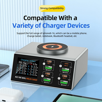 OEM Ladestation WLX-X9S QI, 140W, 3A, 4 x USB-A - 4 x USB-C, Silber