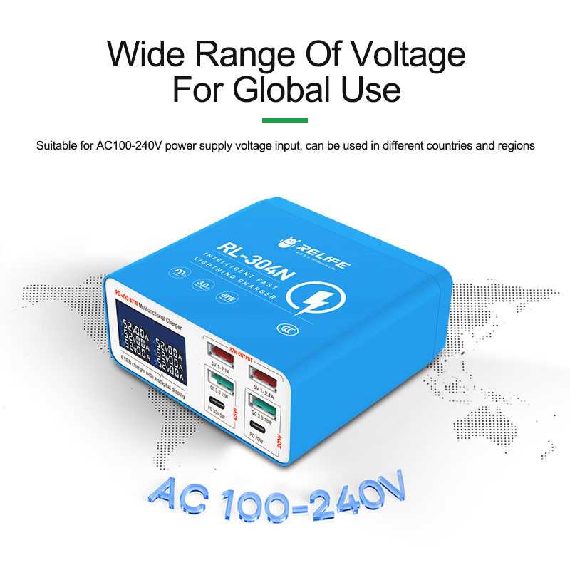 Ladestation Relife RL-304N, 87W, 3A, 2 x USB-C - 4 x USB-A, Blau